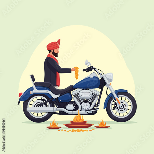Vector illustration of an Indian man wearing a red turban performing a vehicle blessing ceremony for a blue cruiser motorcycle with fire bowls and a flower garland on a light background.