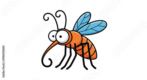 Cartoon mosquito with large eyes, orange body, and blue wings, a funny insect illustration for educational purposes