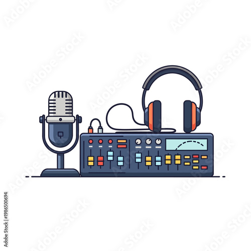 Vector illustration of professional radio broadcasting equipment featuring a vintage microphone, an audio mixing console with faders, and over-ear headphones on a white background.