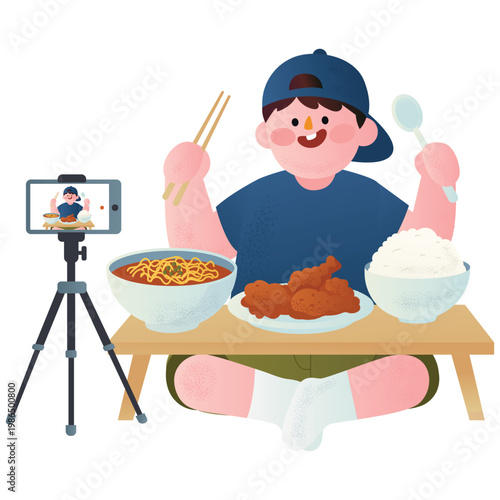Content Creator Illustration. Vector illustration of Young man filming a mukbang meal with noodles, rice, and fried chicken for social media food content. Isolated on background