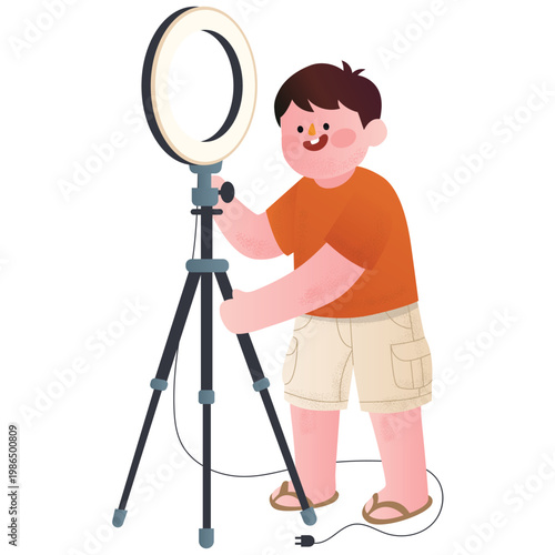 Content Creator Illustration. Vector illustration of Photographer adjusting a ring light for video production, livestream setup, or studio content creation. Isolated on background