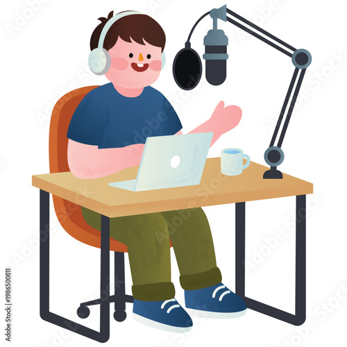 Content Creator Illustration. Vector illustration of Young man recording a podcast with microphone, headphones, and laptop for digital audio content creation. Isolated on background