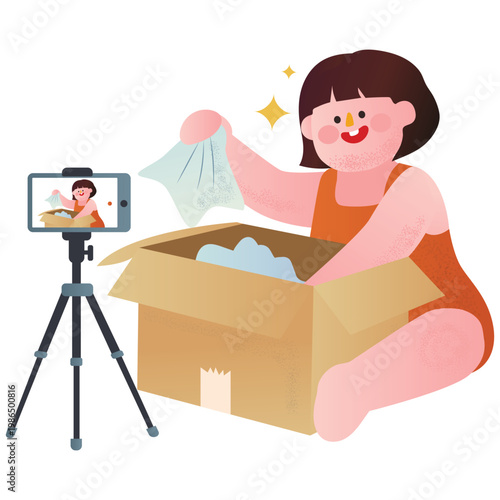 Content Creator Illustration. Vector illustration of Woman opening a package and recording an unboxing video for online audience, product review, or shopping content. Isolated on background