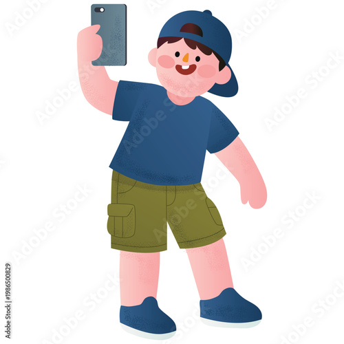 Content Creator Illustration. Vector illustration of Boy taking a smartphone selfie for social media content, personal branding, or casual mobile photography. Isolated on background