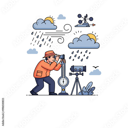 Vector illustration of a male meteorologist using binoculars to observe weather patterns, featuring rain clouds, sun, wind symbols, an anemometer, barometer, and a telescope.