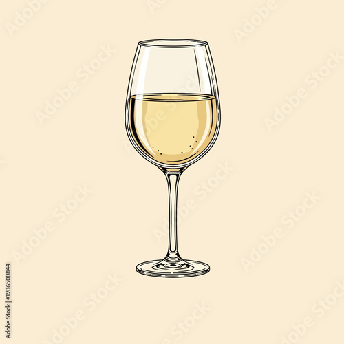 Hand-drawn vector illustration of a single crystal wine glass filled with Sauvignon Blanc white wine, isolated on a beige background, featuring black line art and digital coloring.