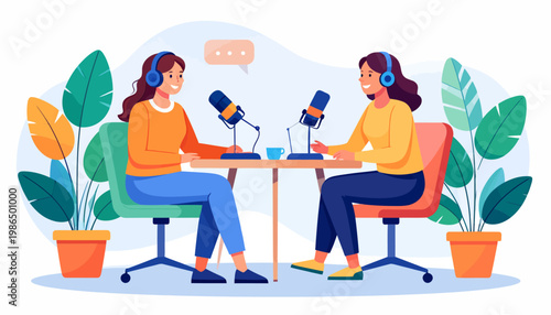 Two women having a conversation and recording a podcast with microphones and headphones