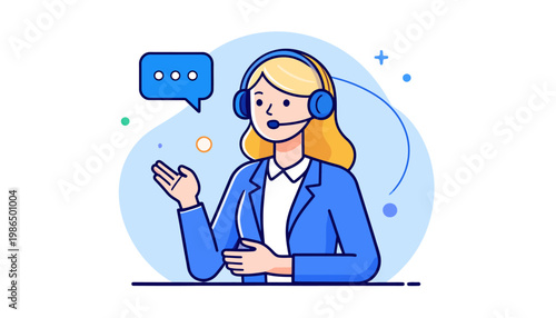 Illustration of a friendly female customer service representative wearing a headset and speaking, with a speech bubble above her head