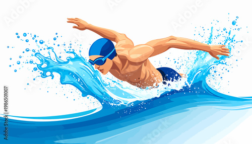 Dynamic illustration of a determined male athlete swiftly moving through vibrant blue water, creating an energetic splash and embodying the concept of peak aquatic performance and competitive spirit
