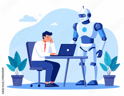 Robot assisting a frustrated man working on a laptop in an office setting, depicting AI collaboration and technological advancement in the workplace