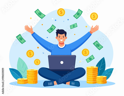 Successful businessman celebrating with money falling around him while working on his laptop