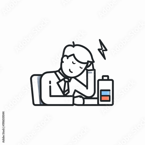 Business professional appears exhausted and drained of energy, depicted with a low battery icon symbolizing a lack of power