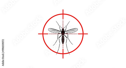 Graphic illustration of a mosquito centered within a red target, symbolizing pest control, insect eradication, and public health efforts against vector-borne diseases