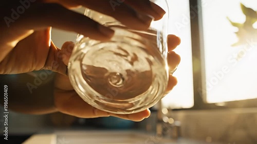 Wallpaper Mural Person holding glass of water in sunlit kitchen Torontodigital.ca