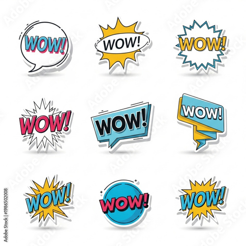 WOW Sticker Pack with “WOW!” Text, Isolated Modern Vector Design Set for Expression, Promotions, and UI Labels