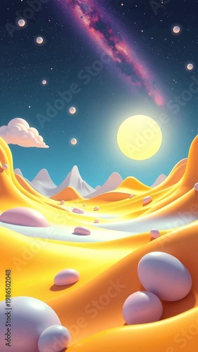 Vibrant Fantasy Landscape with Golden Hills, Pastel Boulders, Bright Sun, and Cosmic Sky