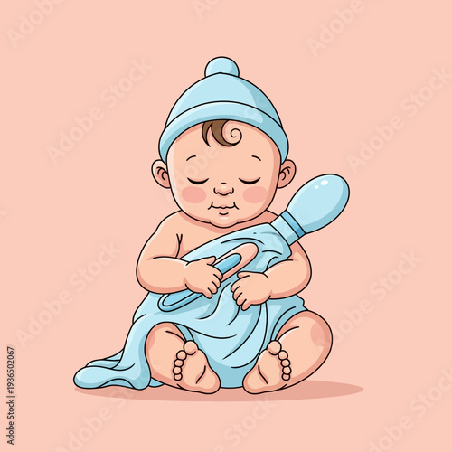 Cartoon illustration of an infant wearing a blue knit hat sitting down while holding a light blue baby blanket and a nasal aspirator bulb syringe for hygiene and health care.