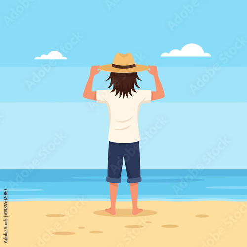 Flat vector illustration of a person from behind wearing a straw hat and white shirt, standing barefoot on a sandy beach looking at the blue ocean under a clear sky with clouds.