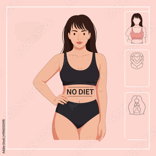 Flat vector illustration of a confident woman in black sportswear with NO DIET text on her abdomen, promoting body positivity and self-love against a soft pink background.