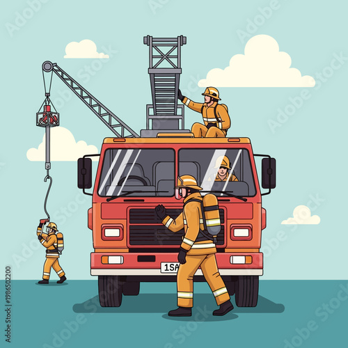 Vector illustration of firefighters in yellow protective gear operating a red fire engine featuring an aerial ladder and crane attachment against a blue sky with clouds.