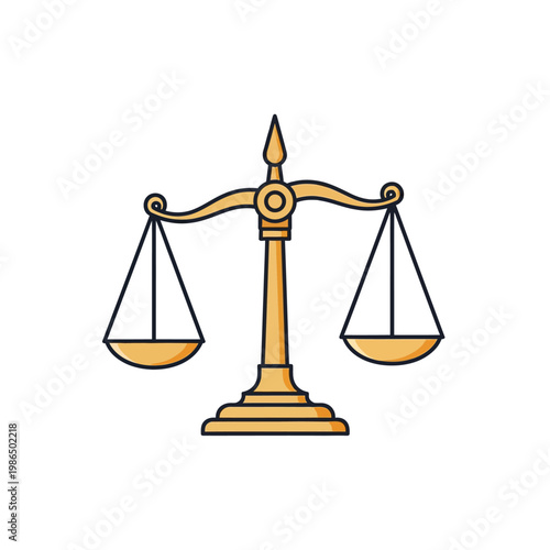 Vector illustration of a gold-colored balance scale of justice, symbolizing law and legal equality, isolated on a white background with clean black outlines and subtle shading.