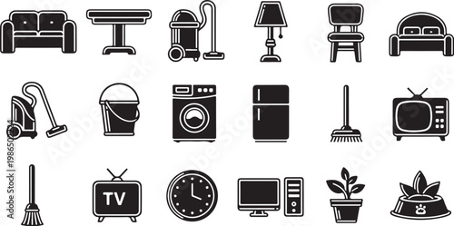 Household items and appliances icon set collection