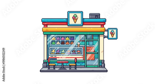 A vibrant vector illustration of a cartoonish ice cream parlor featuring a multi-colored storefront, window displays, and cozy outdoor seating.