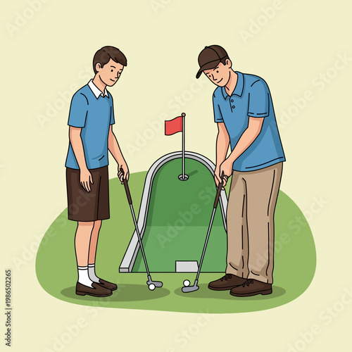 Vector illustration of a father and son playing mini-golf on a green course with a red flag, both holding putters and aiming at golf balls in a flat cartoon style on a plain background.