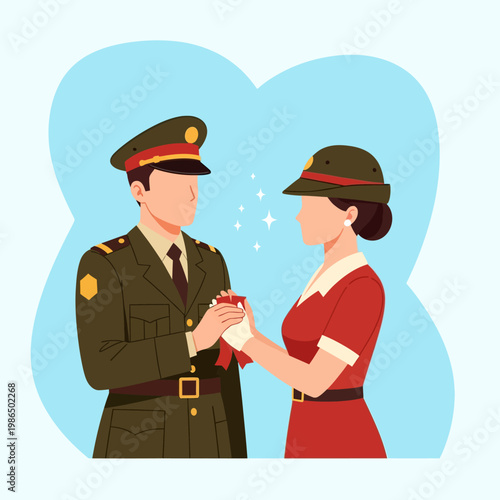 Vector illustration of a male soldier in olive green dress uniform receiving a red award ribbon from a woman in a red vintage dress, set against a blue heart-shaped background.