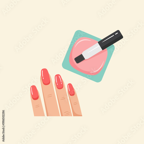 Minimalist vector illustration of a human hand with glossy coral pink manicured fingernails next to a square container of pink nail polish and a brush applicator tool.