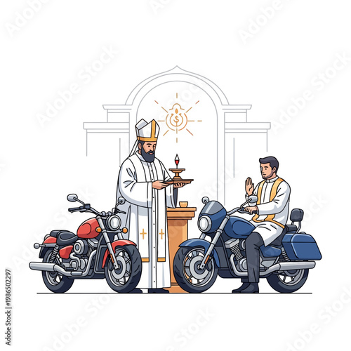 Vector illustration of a priest in white vestments and a miter performing a religious blessing ceremony for a red cruiser motorcycle and a blue bike with a rider present.