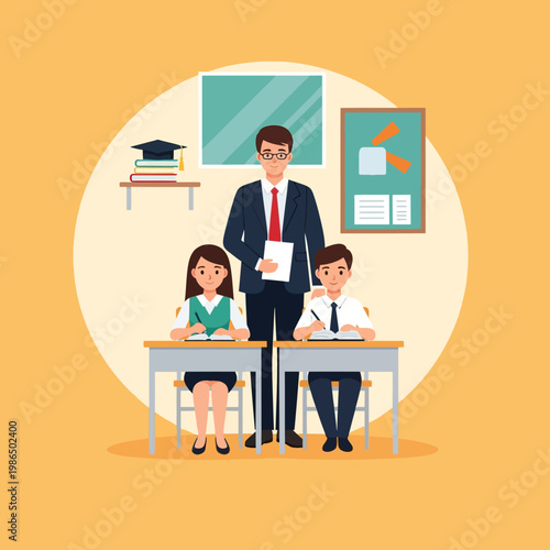 Flat vector illustration of a male teacher in a suit standing behind a girl and boy student sitting at desks in a classroom with a whiteboard, notice board, and books with graduation cap.