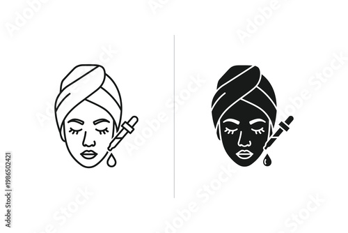 Woman's face with skincare serum dropper, spa treatment, vector illustration
