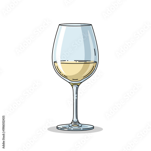 Vector illustration of a clear stemware wine glass half-filled with pale yellow white wine, featuring a thin black outline and soft shadow, isolated on a solid white background.