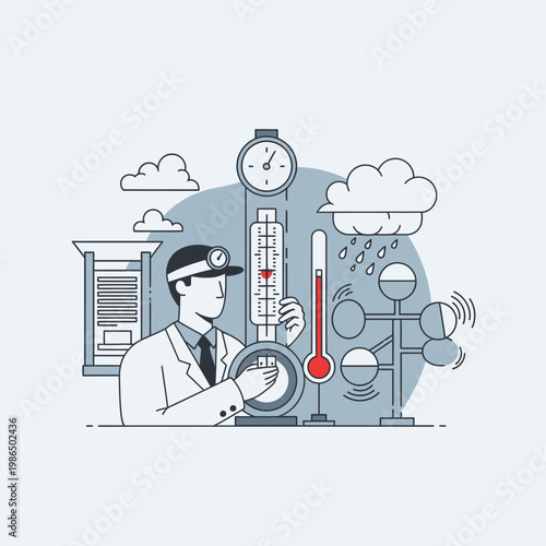 Vector illustration of a professional meteorologist monitoring weather instruments like a thermometer, anemometer, and barometer for climate analysis and atmospheric data collection.