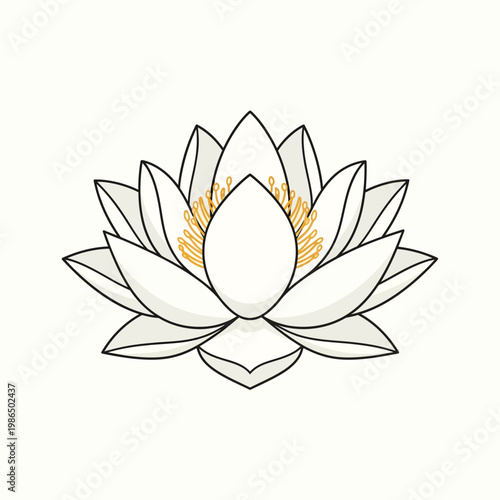 Symmetrical vector illustration of a blooming white lotus flower with clean black outlines and yellow center stamen, isolated on a solid light cream background for graphic design.