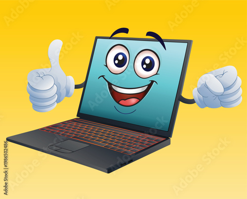 illustration of a cartoon laptop computer  mascot doing a thumbs up on isolated white background