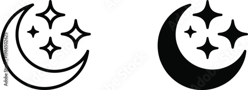 Crescent moon and stars icon, night mode symbol, editable vector file for web and print.
