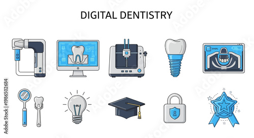 Modern Illustration of Digital dentistry technology and education.