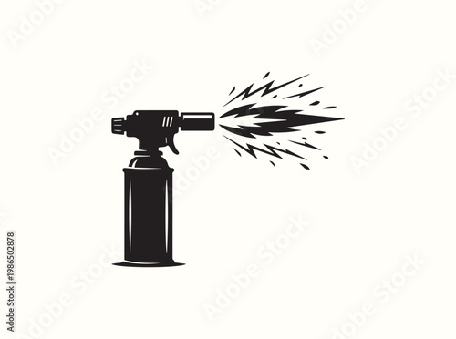 Simple black graphic element of a blowtorch with a fierce flame for manual food preparation demonstrations in hospitality training materials for gourmet desserts