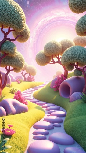 Whimsical Fantasy Landscape with Magical Stepping Stone Path and Enchanted Trees