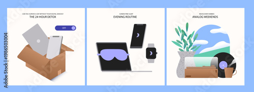 A flat vector illustration of devices in a box, a laptop with a sleep mask, and a fresh green plant for a digital detox.