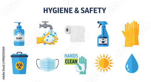 Hygiene and safety icons for protection.