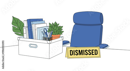 Cardboard box filled with personal office belongings sitting on a desk next to a dismissed sign indicating job loss or work termination.