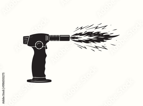 Minimal black icon of a butane torch with sharp motion lines for culinary process diagrams in professional pastry chef instruction manuals for sugar caramelization