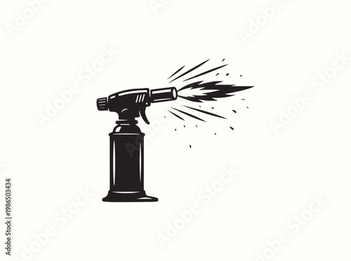 Solid black silhouette of a culinary butane blowtorch with a horizontal jet flame for professional kitchen safety training and high heat cooking technique demonstration