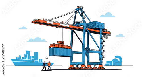 Massive industrial container crane at a shipping port loading cargo with two workers in the foreground and a city skyline in the distance.