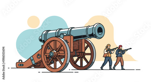 Historical military scene featuring a large heavy cannon on wheels and two soldiers armed with rifles standing on the battlefield illustration.