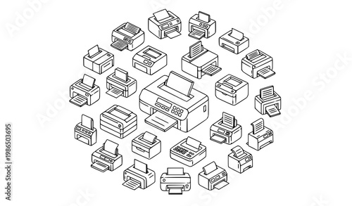 Modern Office Printers and Scanners Vector Icon Set Collection