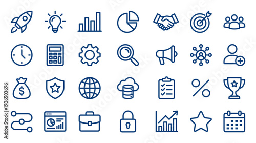 Collection of business and finance icons representing growth strategy planning analysis and success in modern digital concepts